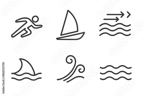 Crestwind Trail Icons. Line style icons of Crestwind Orca Trail: streamlined figure, sail angle, tide flow, fin arc, splash curls,