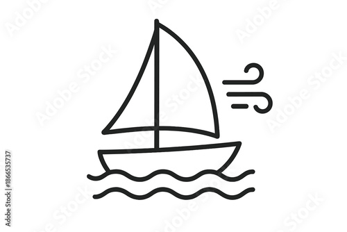 Windborne Boat Icons. Line style icons of Windborne Boat Drift: small sail craft, lifted sail, breeze arcs, rolling water, mast