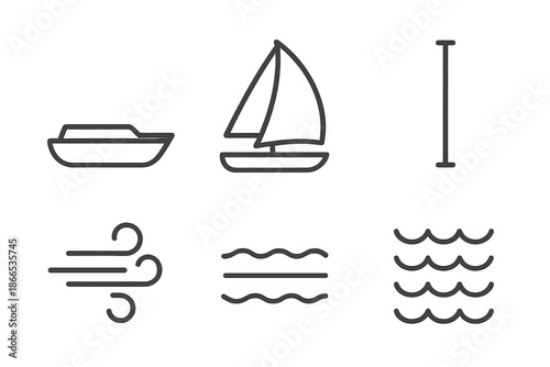 Wind Sail Icons. Line style icons of Wind Sail Route: boat profile, full sail, mast height, wind motion, water arcs, sea texture.