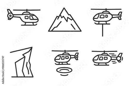 Summit Rescue Icons. Line style icons of Summit Rescue Flight: hovering form, high crest, lowered rope, blade motion, steep cliff,