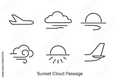 Sunset Cloud Icons. Line style icons of Sunset Cloud Passage: aircraft silhouette, drifting cloud band, bright arc, fin detail,