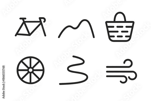 Basket Climb Trail. Line style icons of Basket Climb Trail: bicycle frame, curving hill, storage basket, spoke arcs, winding route