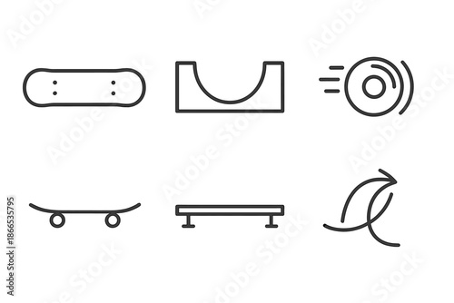 Skateboarding Line Icons. Line style icons of Ramp Skate Ride: board outline, half-pipe arc, spinning wheel, deck line, coping bar
