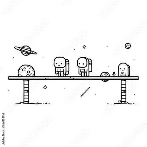 Cute Cartoon Astronauts on Space Platform with Planets