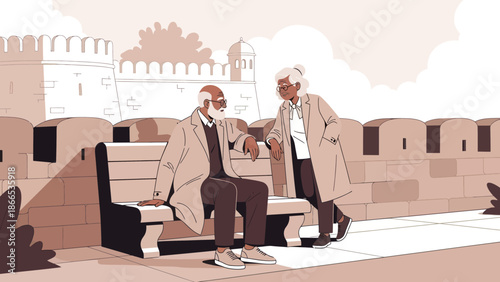 Elegant Senior Couple Enjoying Travel Conversations By Historical Fortress