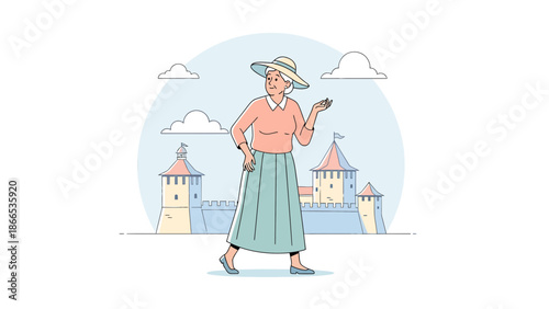 Elegant Senior Lady Exploring Historic Medieval Landmark On Sunny Vacation