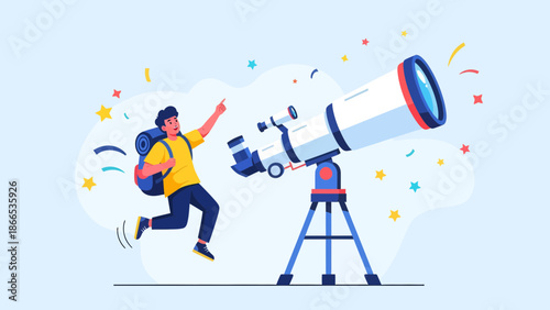 Enthusiastic Explorer Discovers Celestial Wonders Through Giant Telescope Illustration