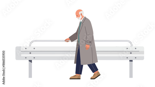 Elegant Senior Man Walks Past Bench In Calm Leisure Style Minimalist Scene