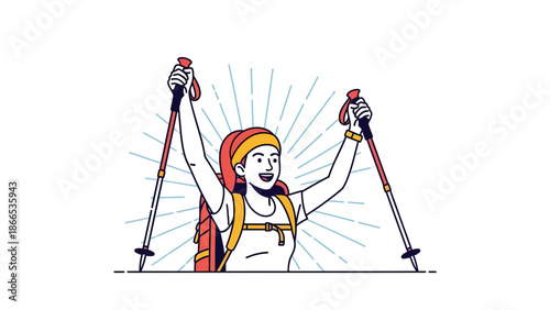 Enthusiastic Hiker Reaching Mountain Peak With Hiking Poles And Backpack