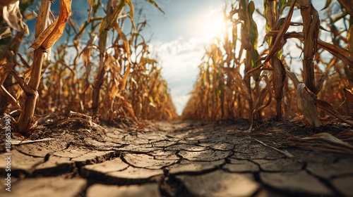 Dry cornfield with cracked earth and withering plants under sunny blue sky