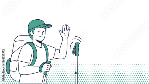 Enthusiastic Hiker Waving With Backpack And Trekking Pole Illustration