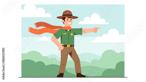 Enthusiastic Park Ranger Pointing The Way At The National Park Outdoors