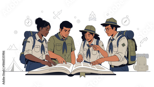 Enthusiastic Scouts Collaborating And Learning About Wilderness Survival Skills Together