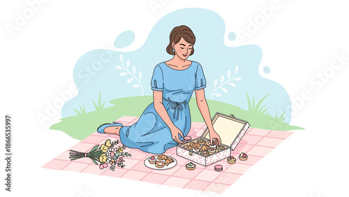 Elegant Woman Enjoying Outdoor Picnic With Pastries And Fresh Flowers