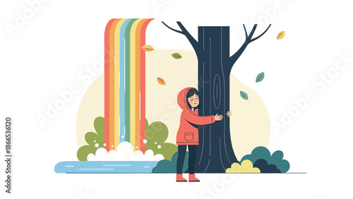 Embracing Nature With Harmony Rainbow Tree And Girl In Peaceful Unity