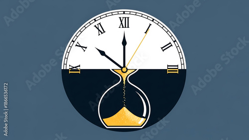 A vector graphic illustration of a clock and hourglass combined in a circular design