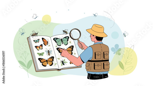 Entomologist Examining Butterfly Collection With Magnifying Glass And Field Guide