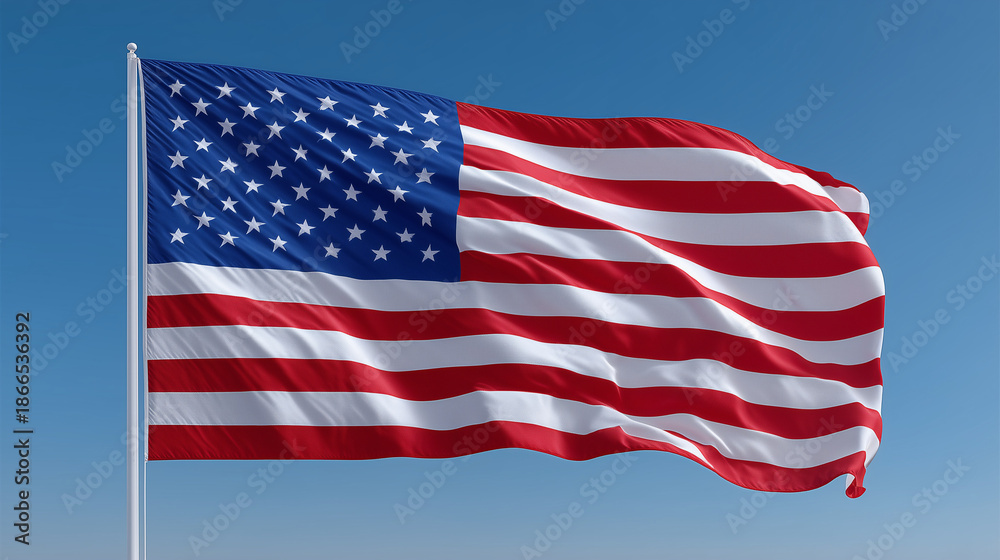 Fototapeta premium United States Flag Waving Against Clear Blue Sky