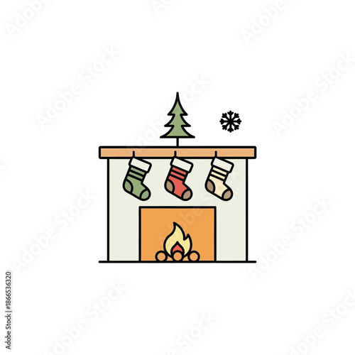 A festive Christmas scene with stockings hung by the fireplace mantel with a tree.