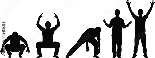 Silhouettes of a man performing various exercise poses including squats lunges and expressive standing gestures for fitness wellness and health concepts