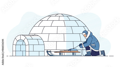 Eskimo Man Prepares To Travel With Sled And Igloo Winter Scene Isolated