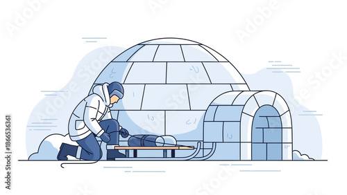 Eskimo Securing Gear Near Igloo At Arctic Climate Winter Survival Scene