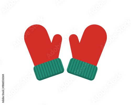 Pair of red mittens with green striped cuffs.