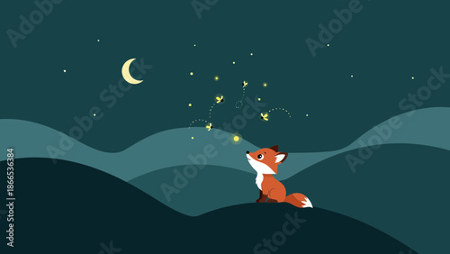Enchanted Night Scene Featuring Curious Fox Watching Fireflies Under Crescent Moon