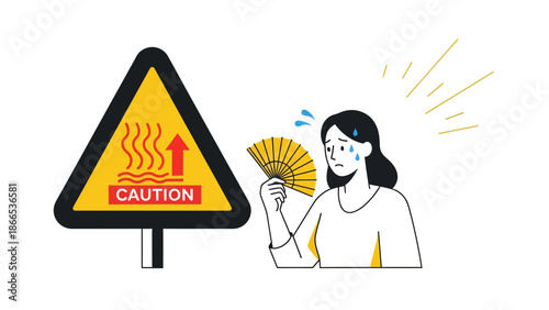 Excessive Heat Advisory Displaying A Weary Woman Using a Fan to Cool Down