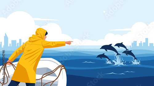 Excited Observer In Boat Points Towards Jumping Dolphins In The Ocean View