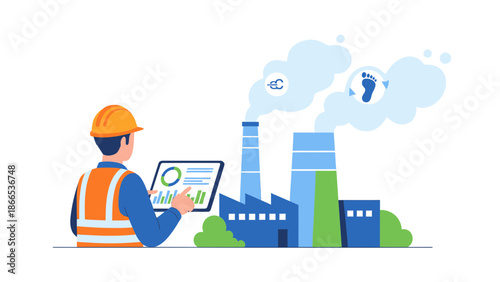 Engineer Inspecting Factory Emission Levels with Digital Technology on Tablet