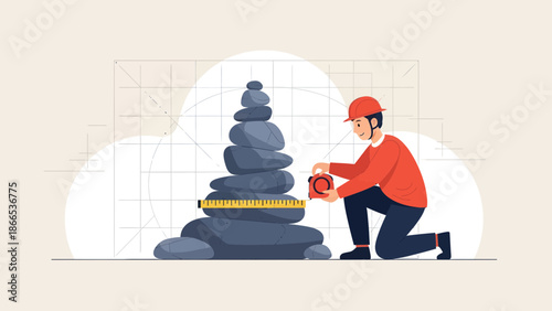 Engineer Measures Stone Cairn With Tape For Accuracy On Design Project