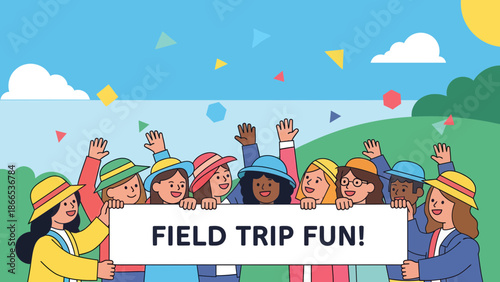 Excited Young Students Enjoying a School Field Trip Together Celebration