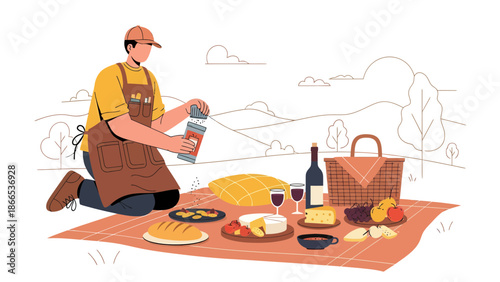 Enjoying An Outdoor Picnic With Cheese Wine And Fresh Bread By Young Man