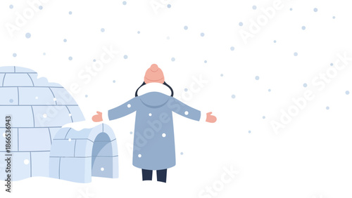 Enjoying First Snowfall By Igloo Winter Scene With A Person Silhouette