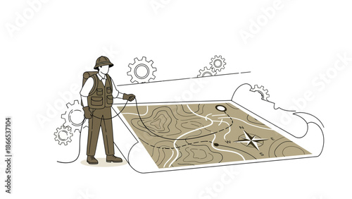 Explorer Discovering New Lands By Reading Detailed Topographic Map In The Workshop