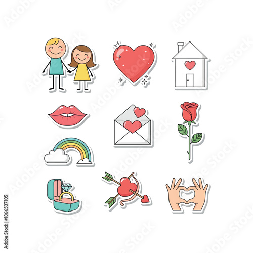 Illustrations of cartoon love symbols and couples in various romantic settings.