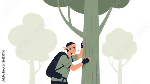 Explorer In The Woods Trying To Find His Way With A Backpack And Bandana