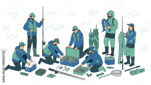 Enthusiastic Anglers Preparing for a Successful Fishing Trip with Complete Gear