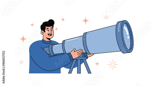 Enthusiastic Astronomer Discovering Space Wonders Through a Giant Telescope