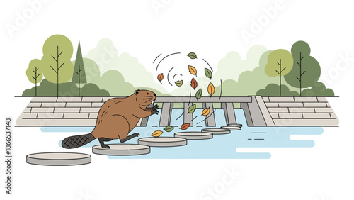 Enthusiastic Beaver Jumps Across Stepping Stones With Falling Autumn Leaves