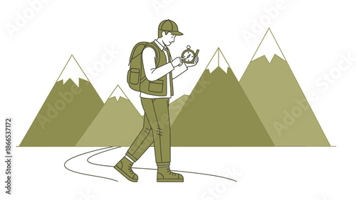 Explorer Navigating Mountain Path With Compass Amidst Scenic Peaks