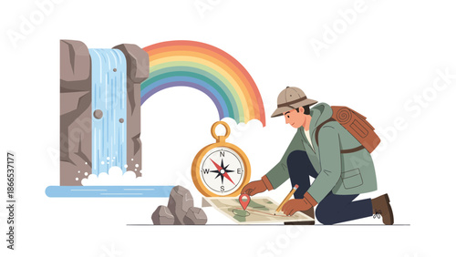 Explorer Mapping A Route Near Waterfall With Compass And Rainbow Overhead