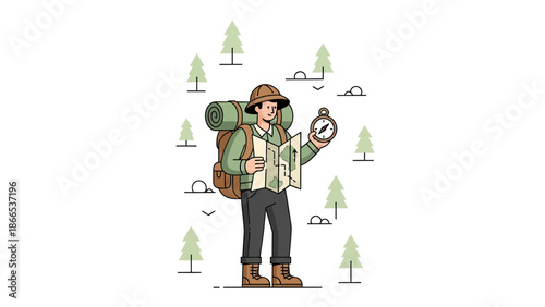 Explorer Navigating Wilderness Using Map And Compass Adventure Seeking Travel
