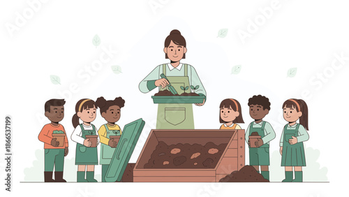 Enthusiastic Children Learning About Gardening With Guidance From Their Teacher