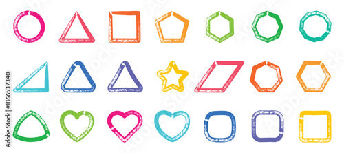 Hand drawn colorful geometric shapes set drawn with marker. Circles, triangles, squares, star, hearts and polygons in playful doodle sketch style.