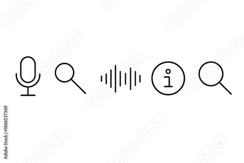 Audio Request Icons. Line vector icons of spoken information request: voice icon, magnifier curve, audio-wave band, info ring,