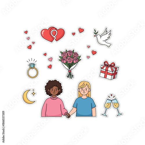 Two women hold hands surrounded by hearts, gifts, and symbols of love and celebration.
