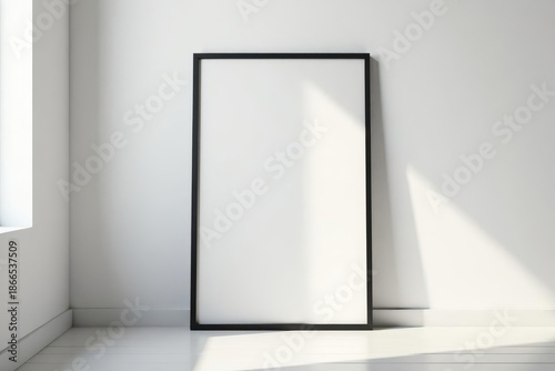 Sleek black frame leans against pristine white wall Minimalist interior design mockup , gallery, digital