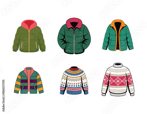 Six colorful winter jackets and sweaters with various patterns and colors clothing apparel.